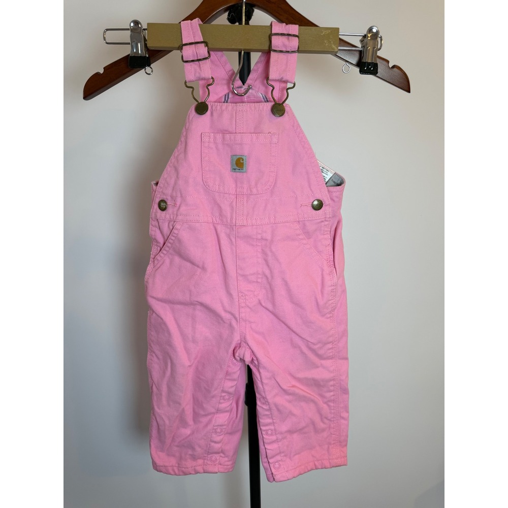 Carhartt Pink Canvas Bib Overalls Baby Girls 12M Heart Hardware Plaid Lined